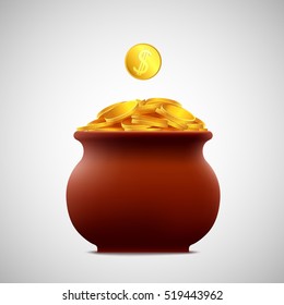 Icon clay pot with gold coins. Wealth and treasures. Stock vector illustration.