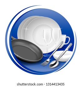 Icon of clean tableware, white dish, tableware, fork and spoon, black pan. Vector illustration.