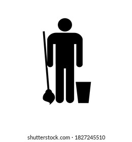 Symbol. Ein Reiniger mit Eimer und MOP. Schwarz-Weiß-Flachgrafik