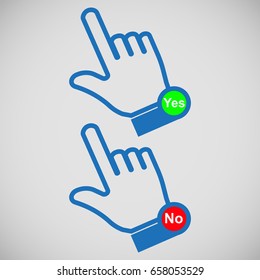 icon click. Pointing finger with the words Yes and No.  Blue isolated on white background