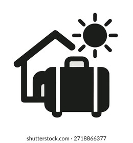 Icono Asistencia de refugiados climáticos: un simple ícono de maleta combinado con un refugio y un sol cálido.