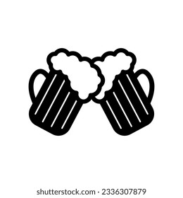 Icon of clinking beer mugs. Two mugs clinking during toast. Celebration or beer party time. Vector Illustration