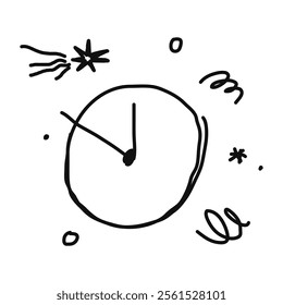 Icon or clip art with a christmas theme. Hand drawn simple a clock, chimes, fireworks, childlike naive doodle vector illustration