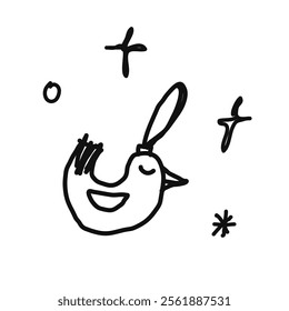 Icon or clip art with a christmas theme. Hand drawn a simple Christmas tree toy and glitter, childlike naive doodle vector illustration
