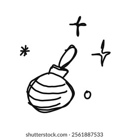 Icon or clip art with a christmas theme. Hand drawn a simple Christmas tree toy and glitter, childlike naive doodle vector illustration