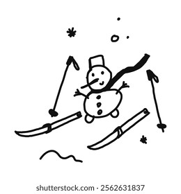 Icon or clip art with a christmas theme. Hand drawn a snowman skiing, childlike naive doodle vector illustration