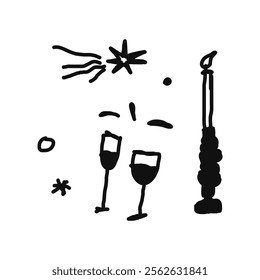 Icon or clip art with a christmas theme. Hand drawn a fireworks, thin candle, glasses, childlike naive doodle vector illustration