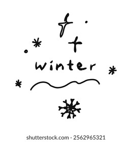 Icon or clip art with a christmas theme. Hand drawn a snowflakes and glitter with text winter, childlike naive doodle vector illustration