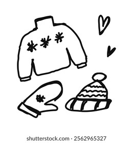 Icon or clip art with a christmas theme. Hand drawn a winter clothes: hat, mittens, sweater, childlike naive doodle vector illustration