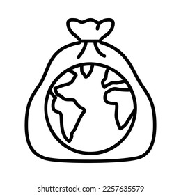Icono o clip de la tierra en una bolsa de plástico para mostrar alta basura de plástico y calentamiento global del efecto invernadero con el estilo de contorno negro