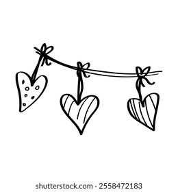 Icon or clip art with a valentine's day theme. Hand drawn garland with flags, hearts and bows, childlike naive doodle vector illustration