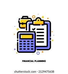 Icon of clipboard with calculator and briefcase for financial planning or company budget management concepts. Flat filled outline style. Pixel perfect. Editable stroke