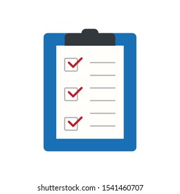 Icon clipboard checklist or document with checkmark with text in flat style