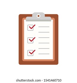 Icon clipboard checklist or document with checkmark with text in flat style