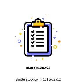 Icon of clipboard with checkmarks for health insurance claim form concept. Flat filled outline style. Pixel perfect 64x64. Editable stroke