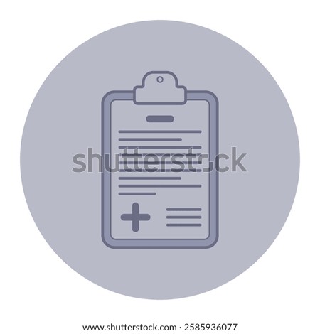 Icon of clipboard displaying medical information with plus sign. Health assessments and documentation concept