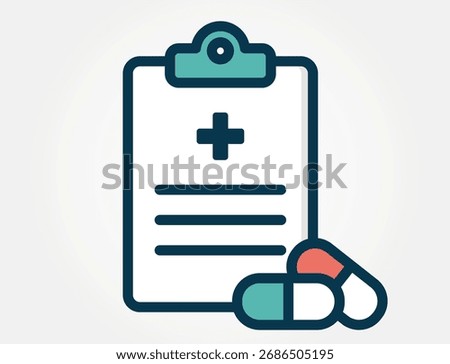 An icon of clipboard with a document and pills. This image represents the prescription of medication, patient records related to pharmaceuticals, or general healthcare documentation.