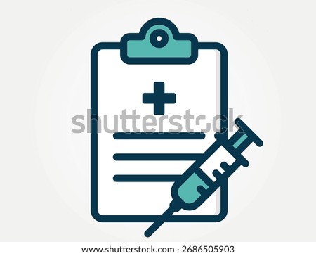 An icon of clipboard with a document and syringe. This image represents vaccination records, immunization documentation, or the medical authorization for an injection or treatment.