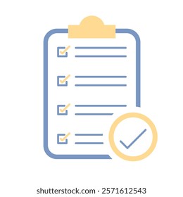 Icon of clipboard with a yellow checkmark. Perfect for task management, reminders, and workflow planning in office or personal productivity settings. Minimalist and clean design.