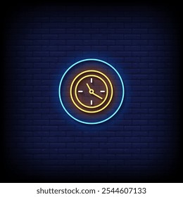 icon clock neon sign vector with brick wall background