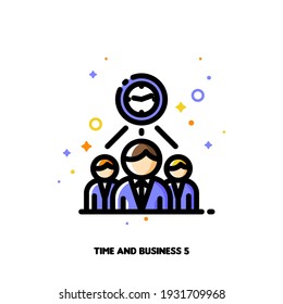 Icon of clock and three business persons for teams work time efficiency concept. Flat filled outline style. Pixel perfect 64x64. Editable stroke