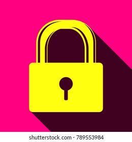 Icon of a closed lock. Vector. Flat yellow icon with with semitransparent shadow on rose background.