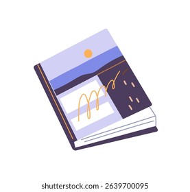 Icon of closed paper book, diary. Photo album with happy memories from travel. Notebook with photography, creative notepad with pictures, notes. Flat isolated vector illustration on white background