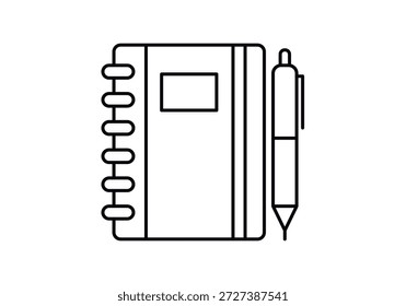 Icono de un cuaderno de espiral cerrado o planificador con un bolígrafo al lado