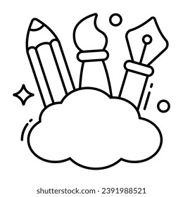 Icon of cloud design tools, pencil with pen and brush