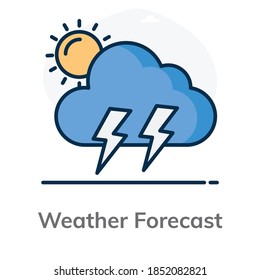Icon of cloud with lighting bolts and sun, concept of weather forecast 
