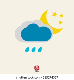 Icon of cloud with raindrops and moon with stars