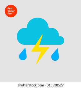 Icon of clouds with falling raindrops and lightning