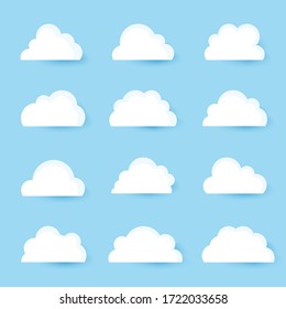 Icon clouds floating on the blue sky. There are 12 unique styles. Flat cartoon paper, white and soft.