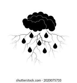 An icon of cloudy weather with black lightning on a white background. A vector image.