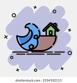 Icon coastel erosion. Global warming elements. Icon in comic style.