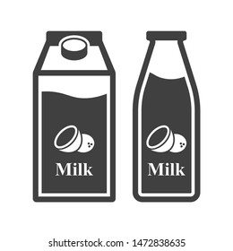 Icon coconut milk in a glass bottle and paper packaging. Vector on a white background.