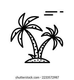 Icono de la isla de la palmera de coco con viento en forma de contorno negro