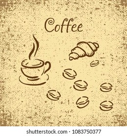 Icon of coffee and croissant. Coffee background. Vector illustration