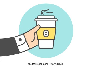 Icon of coffee cup in the businessman hand. Coffee cup in line graphic. Hand of businessman holds the coffee cup icon. Icon of coffee mug isolated on a blue circle. Vector Illustration