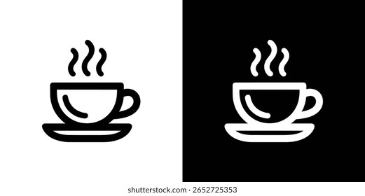 Icono de una taza de café con vapor, dividido entre fondos blancos y negros, ofrece un elemento de diseño simple y versátil. Ideal para menús o branding.