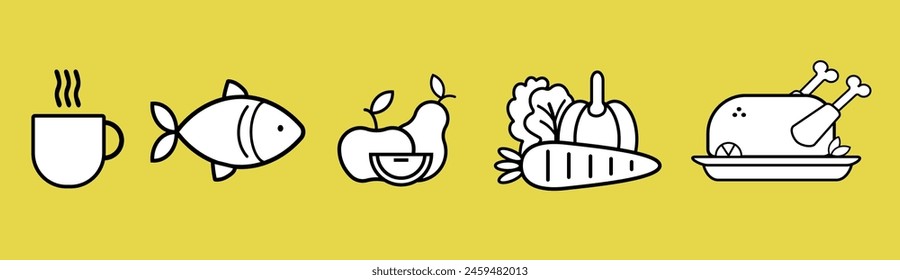 Icon, coffee, fish, fruit, meat, vegetables, vector illustration, 10EPS