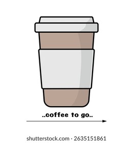 Icon of coffee to go. Beverage. Hot drink. Cappuccino. Latte. Paper cup. Vector texture. White background. Isolated object. Brown and white colors. Lifestyle.