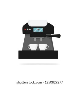 Icon of coffee machine with two cups. Kitchen appliance. Tasty beverage. Household equipment. Hot drink. Electric device. Modern technology theme. Flat vector illustration isolated on white background