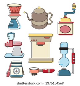 icon coffee maker set flat design cartoon concept. Enjoy fresh coffee. Vacuum coffee maker.  color out stroke thin line. Suitable for web. Vector ,illustration.