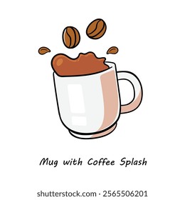 Icon of a coffee mug with dynamic splash – Coffee with beans vector.