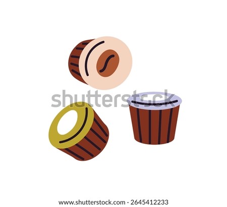 Icon of coffee pods. Capsules for coffe machine in coffeehouse. Little containers for cofee maker in coffeeshop. Making hot drinks, beverages in cafe. Flat isolated vector illustration on white