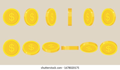 Icon Coin with images of sign dollar on her. Set of icons at different anglesvector illustration.