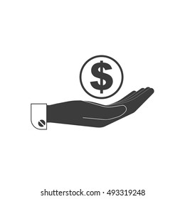 Icon coin on the human palm in black. Stylish vector illustration