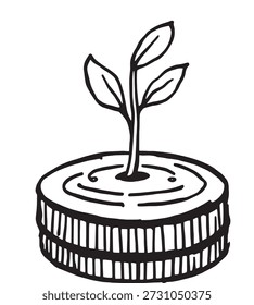 Icono de una moneda con una Pequeña hoja que brota de la línea superior del arte; simbolizando crecimiento y prosperidad
