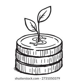 Icon of a coin with a small leaf sprout growing from the top line art; eco friendly finance concept illustrated simply